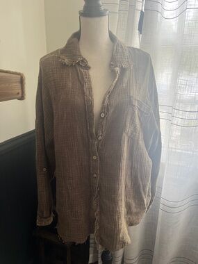 Zenana Outfitters Distressed Button-Down Shirt - Brown